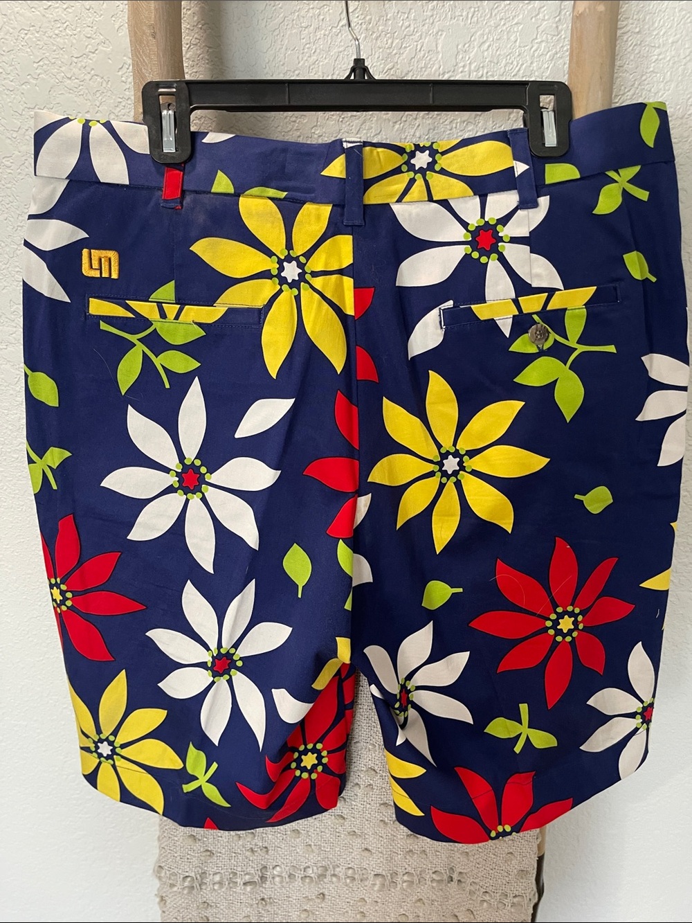 Loudmouth Navy Floral Print Golf Shorts - Yellow, Red, White, Green - Picture 2 of 3